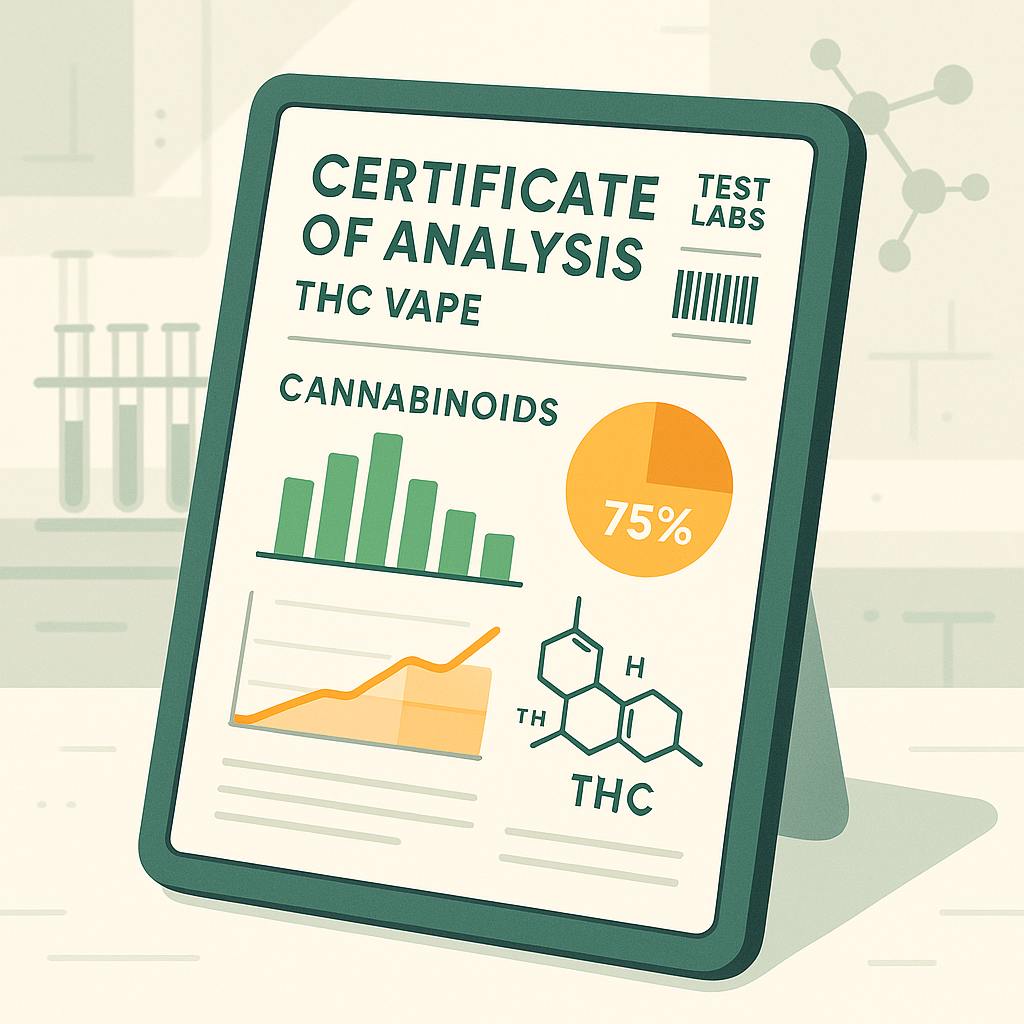 THC Vape COA Explained: Why it matters and how to read it 1 Stylized THC vape COA on clipboard with cannabinoid profile and lab values.